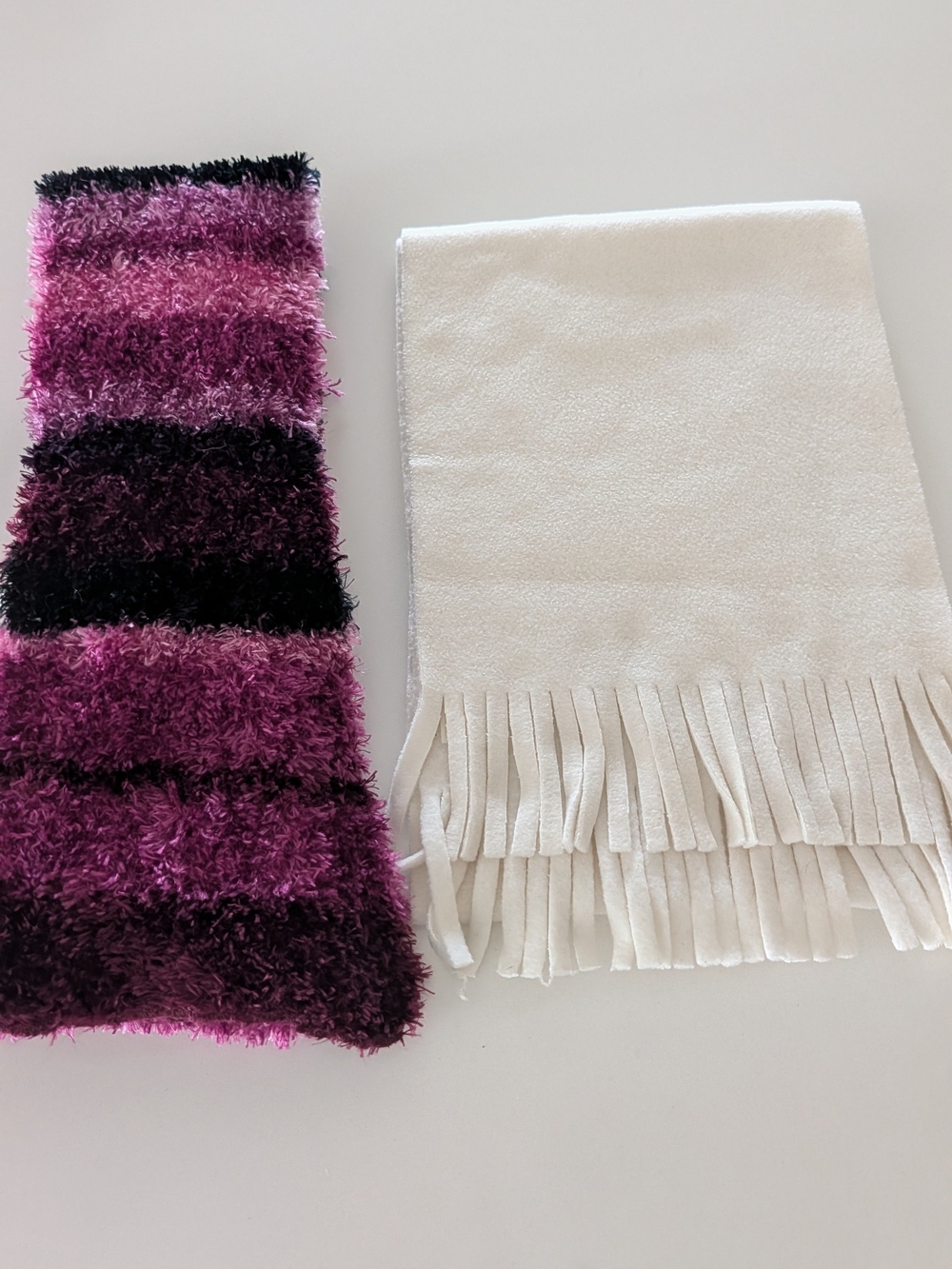 Womens Purple Striped Fuzzy Scarf and White Fringe Scarf Set